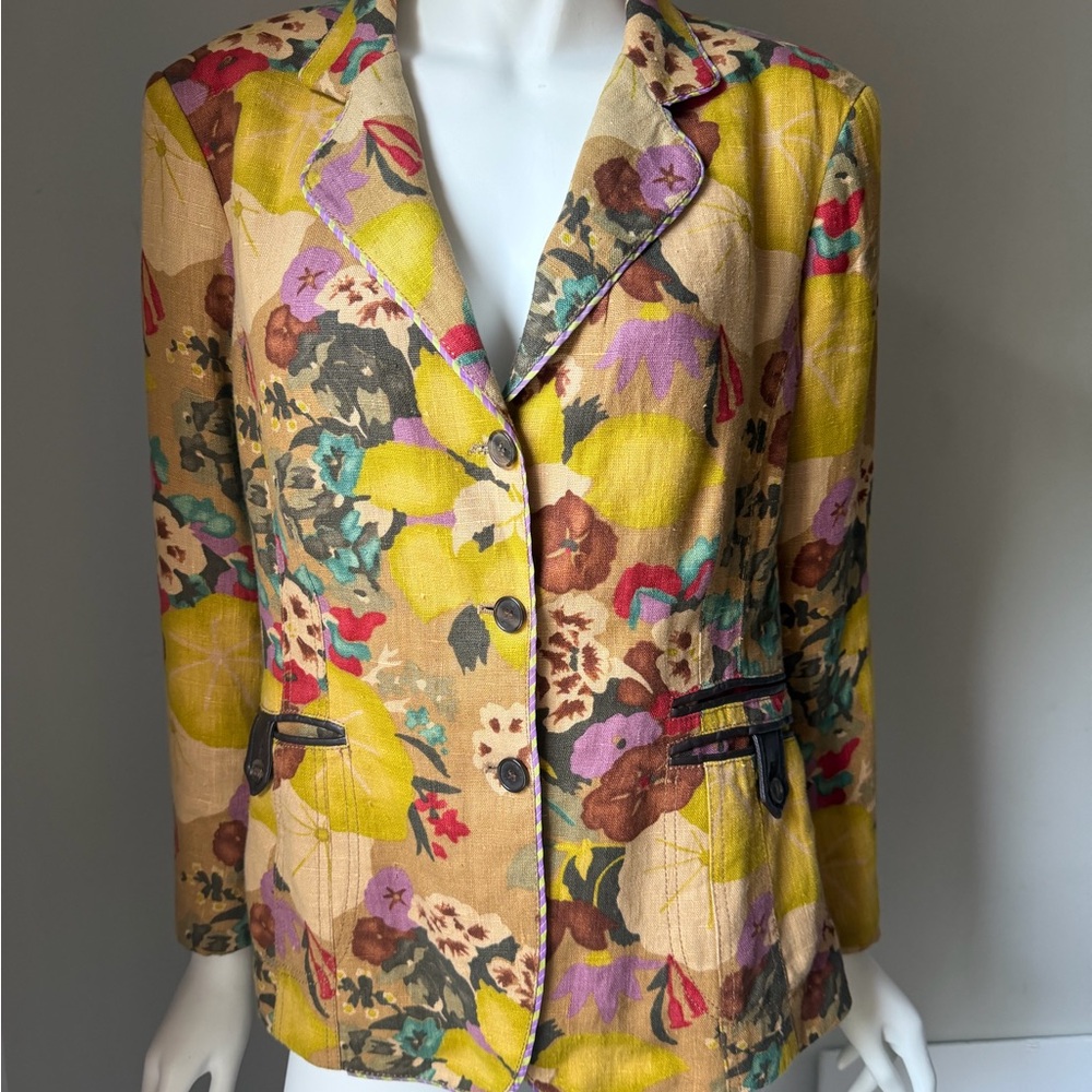 ETRO Floral Linen Blazer Autumn floral Boho chic early YTK mandarin collar EUC